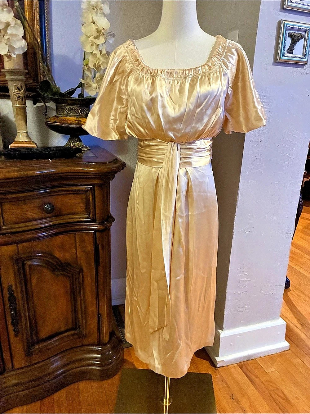 BCBG Paris Silk Satin Midi Dress in Champagne Like New